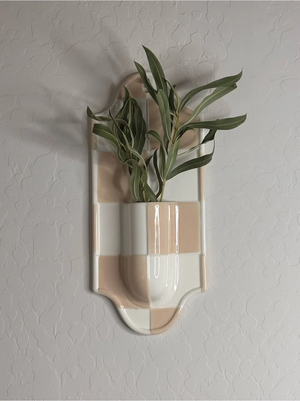 Anthropologie Mari Stoneware Wall Pocket Vase Checkered Gingham NWT